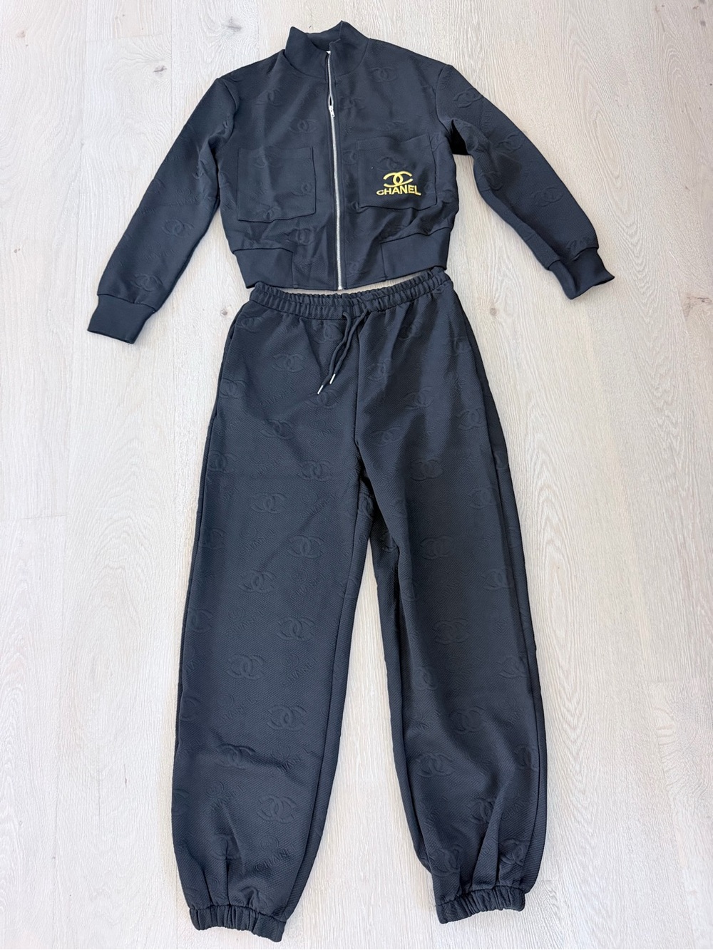CHANEL Black Embossed Logo Tracksuit Matching Set with Gold Accent size M/L - Picture 10 of 16